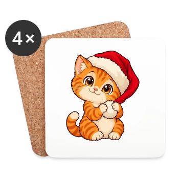 Weihnachten - Kätzchen mit Santa-Hut - Untersetzer (4er-Set) - Weiß - Vorne