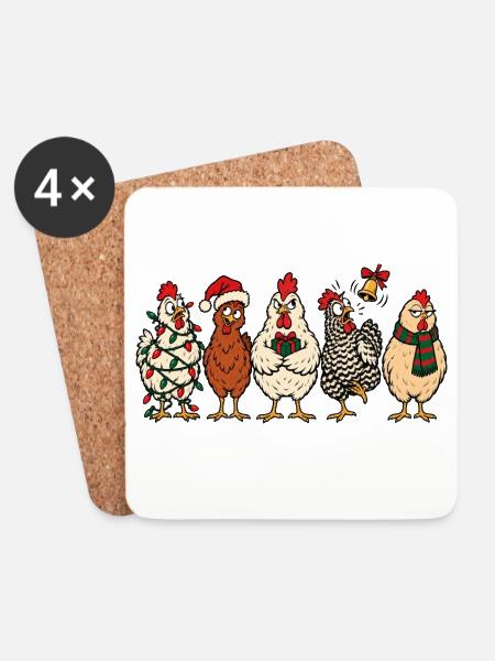 Christmas Chickens – Lustiger festlicher Comic - Untersetzer (4er-Set) - Weiß