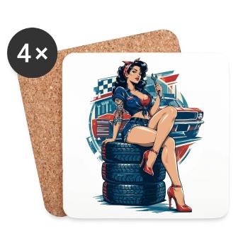 Hot Rod Pin-up Girl auf Reifenstapel - Untersetzer (4er-Set) - Weiß - Vorne