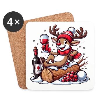 Lustiges Rentier mit Rotwein zu Weihnachten - Untersetzer (4er-Set) - Weiß - Vorne