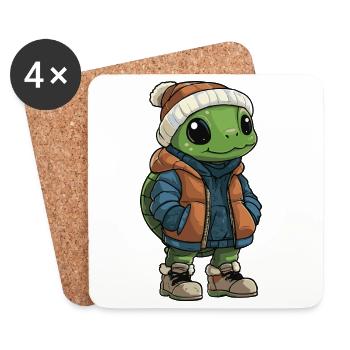 Schildkröte mit Winterjacke und Mütze - Untersetzer (4er-Set) - Weiß - Vorne