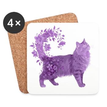 Lila Katze Mit Blumen Und Blütenranke - Untersetzer (4er-Set) - Weiß - Vorne