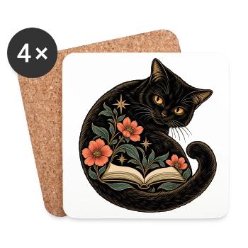 Schwarze Katze und Blütenbuch - Untersetzer (4er-Set) - Weiß - Vorne