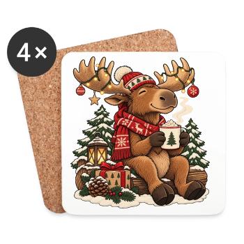 Weihnachtselch mit Schal und heißem Kakao - Untersetzer (4er-Set) - Weiß - Vorne