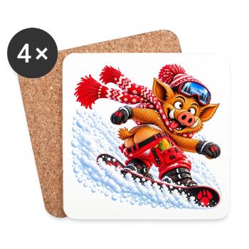 Pistensau - Wildschwein auf dem Snowboard - Untersetzer (4er-Set) - Weiß - Vorne