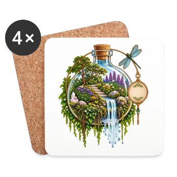 Gartenflasche: Wasserfall im Zauberwald - Untersetzer (4er-Set) - Weiß - Vorne
