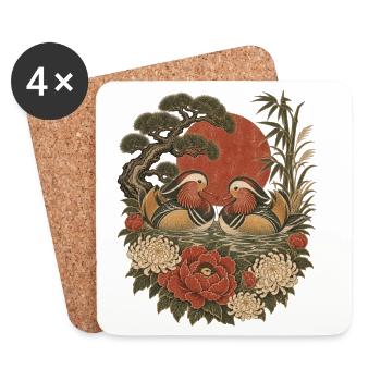 Japanische Mandarinenten & Chrysantheme - Untersetzer (4er-Set) - Weiß - Vorne