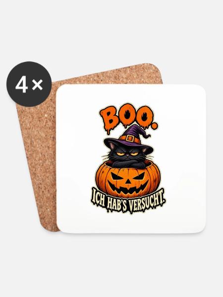 Boo Kürbiskatze mit Hexenhut - Untersetzer (4er-Set) - Weiß