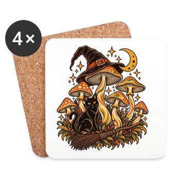 Vintage Hexenkatze mit Pilzen, Mond und Hexenhut - Untersetzer (4er-Set) - Weiß - Vorne
