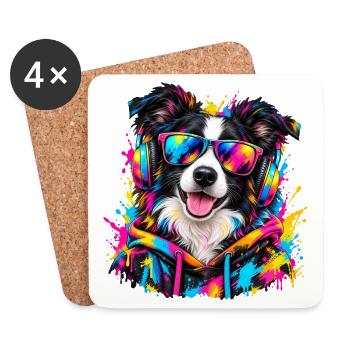 Border Collie mit Kopfhörern – Neon Graffiti - Untersetzer (4er-Set) - Weiß - Vorne
