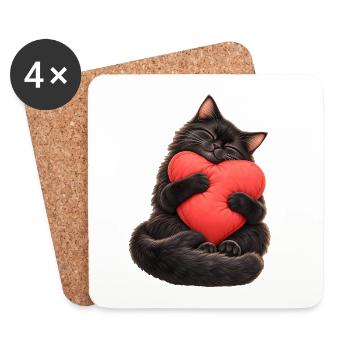 Schwarze Katze mit Herzkissen – Liebe auf Pfoten - Untersetzer (4er-Set) - Weiß - Vorne
