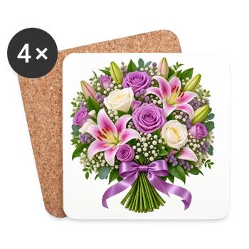 Pastellrosenlilienstrauß mit Lavendel - Untersetzer (4er-Set) - Weiß - Vorne
