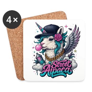 Street Alpaca mit Horn, Flügeln und Kaugummi - Untersetzer (4er-Set) - Weiß - Vorne