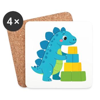 Blauer Comic Dinosaurier Bauklötze Kinder T-Shirt - Untersetzer (4er-Set) - Weiß - Vorne