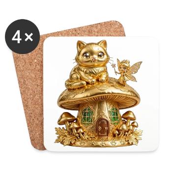 Goldene Katze auf Zauberpilz - Untersetzer (4er-Set) - Weiß - Vorne