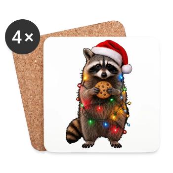 Süßer Weihnachtsmützen Waschbär mit Lichterkette - Untersetzer (4er-Set) - Weiß - Vorne