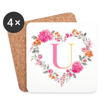 U Monogramm Blumen Herz personalisierbar - Untersetzer (4er-Set) - Weiß - Vorne