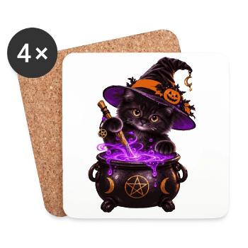 Süße Hexenkatze mit Zauberkessel – Halloween Katze - Untersetzer (4er-Set) - Weiß - Vorne