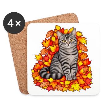 Herbstkatze in bunten Blättern - Untersetzer (4er-Set) - Weiß - Vorne