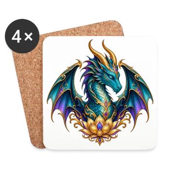 Lotusdrache – Türkiser Fantasy-Drache in Gold - Untersetzer (4er-Set) - Weiß - Vorne
