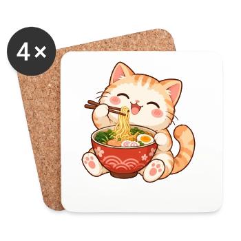 Katze, Ramen, Japanische Nudeln, Süßes Kätzchen - Untersetzer (4er-Set) - Weiß - Vorne