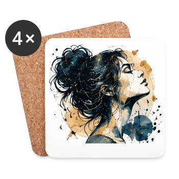 Frauenporträt in Blau und Gold – Aquarell - Untersetzer (4er-Set) - Weiß - Vorne
