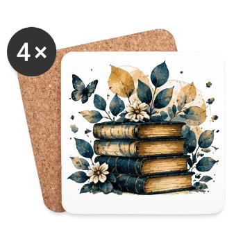 Bücherstapel in Blau und Gold – Aquarell Bücher - Untersetzer (4er-Set) - Weiß - Vorne