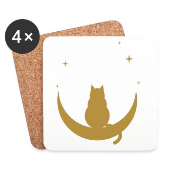Katze auf dem Mond – goldene, sternenbedeckte Silhouette - Untersetzer (4er-Set) - Weiß - Vorne