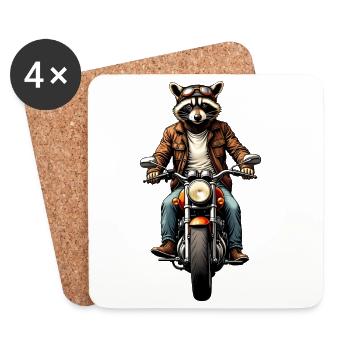 Waschbär auf Oldtimer-Motorrad, Gravur – ohne Text - Untersetzer (4er-Set) - Weiß - Vorne