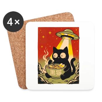 Schwarze Katze Ramen UFO Retro - Untersetzer (4er-Set) - Weiß - Vorne