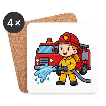 Feuerwehrmädchen mit Löschfahrzeug - Untersetzer (4er-Set) - Weiß - Vorne