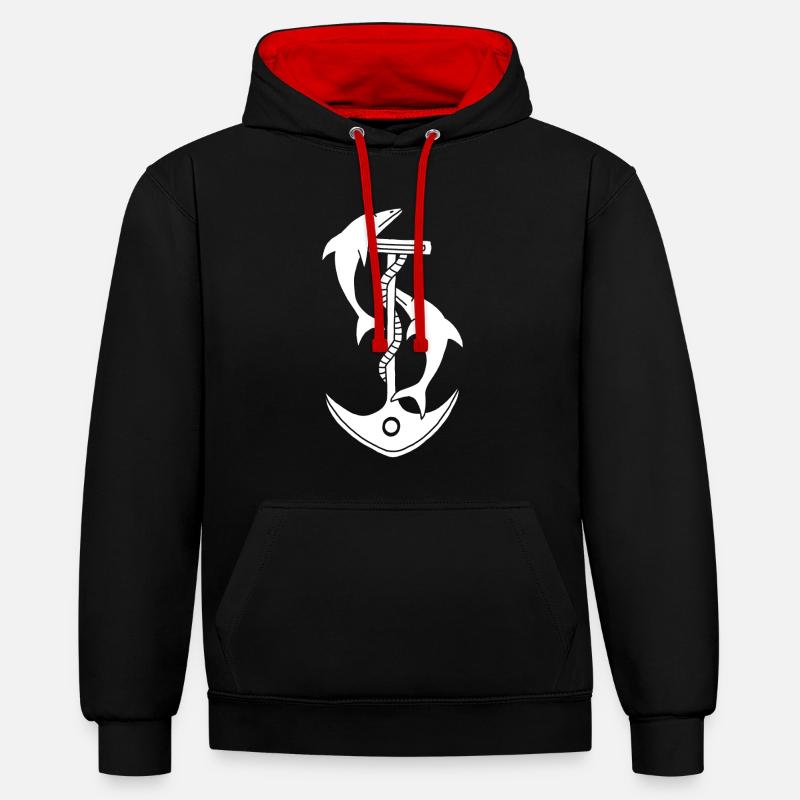 Ancre et dauphins (blanc) - Sweat à capuche contrasté - noir/rouge