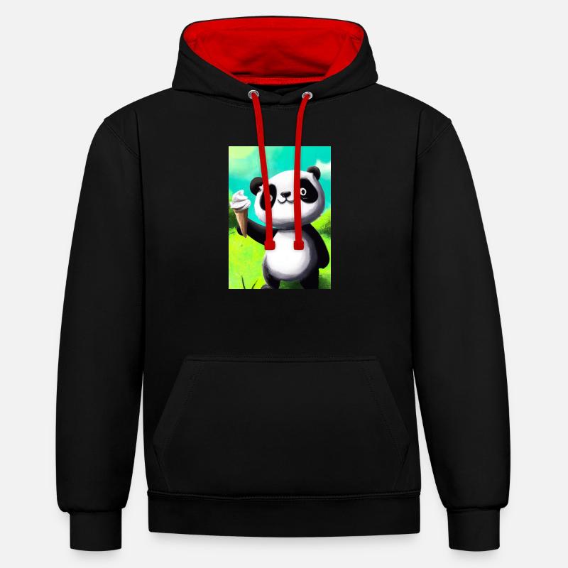 Panda mit Eiscreme - Kontrast-Hoodie - Schwarz/Rot