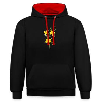 Vrille en filigrane avec des jonquilles. Pâques. - Sweat à capuche contrasté - noir/rouge - Devant - Anna (173cm) & Nico (186cm)