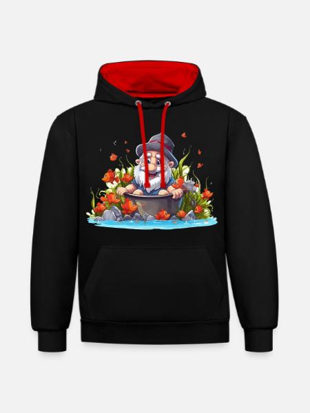Gnom im Badetopf am Teich - Kontrast-Hoodie - Schwarz/Rot