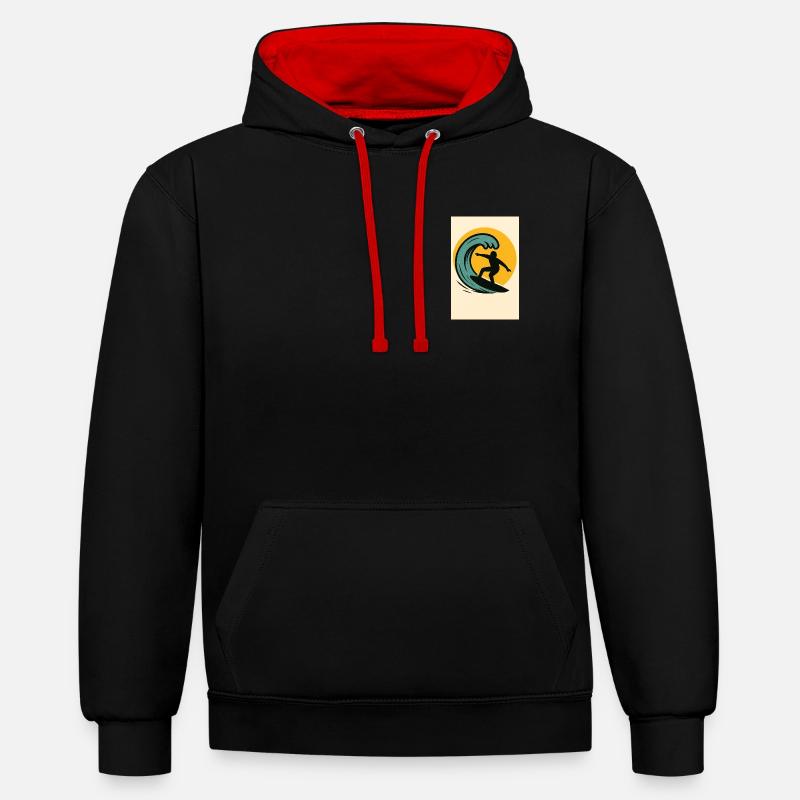 Surfeurs au coucher du soleil - Sweat à capuche contrasté - noir/rouge