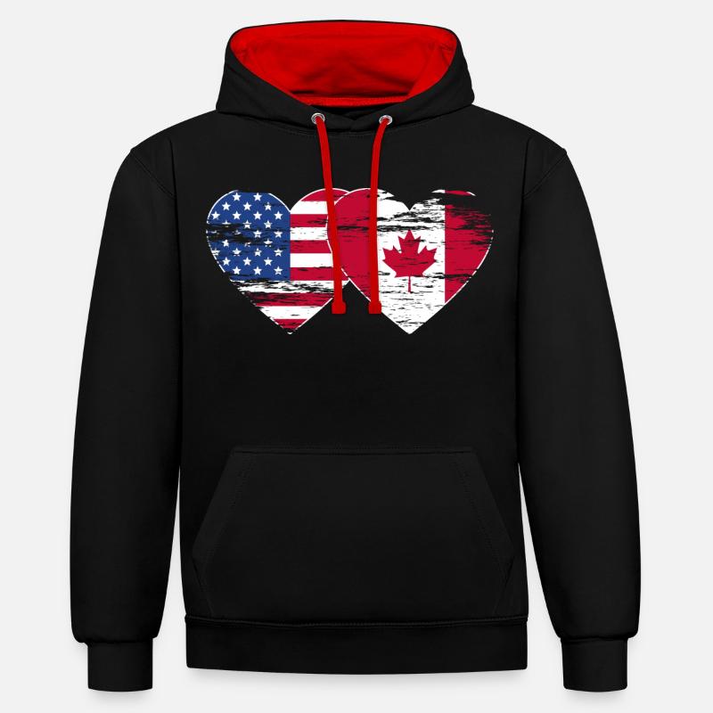 États-Unis, Canada, Drapeau Coeur Utilisé - Sweat à capuche contrasté - noir/rouge