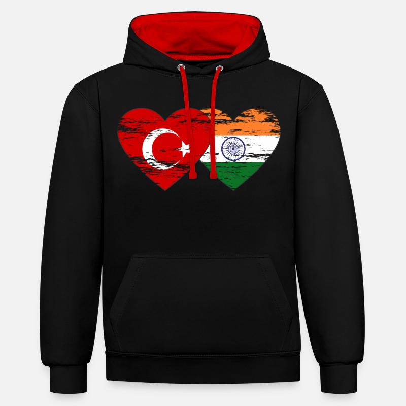 Turquie Inde Drapeau Coeur Utilisé - Sweat à capuche contrasté - noir/rouge
