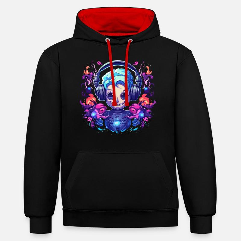 Synthwave Robot Girl Design - Sweat à capuche contrasté - noir/rouge