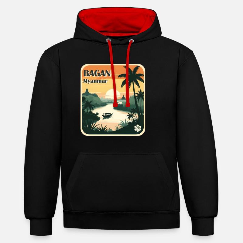 Bagan, Myanmar - Sweat à capuche contrasté - noir/rouge