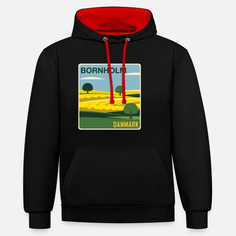 Bornholm, Danemark - Sweat à capuche contrasté - noir/rouge