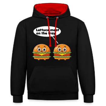 Salatfleisch auf dem Tablett lustiges Burger-Wortspiel - Kontrast-Hoodie - Schwarz/Rot - Vorne - Anna (173cm) & Nico (186cm)