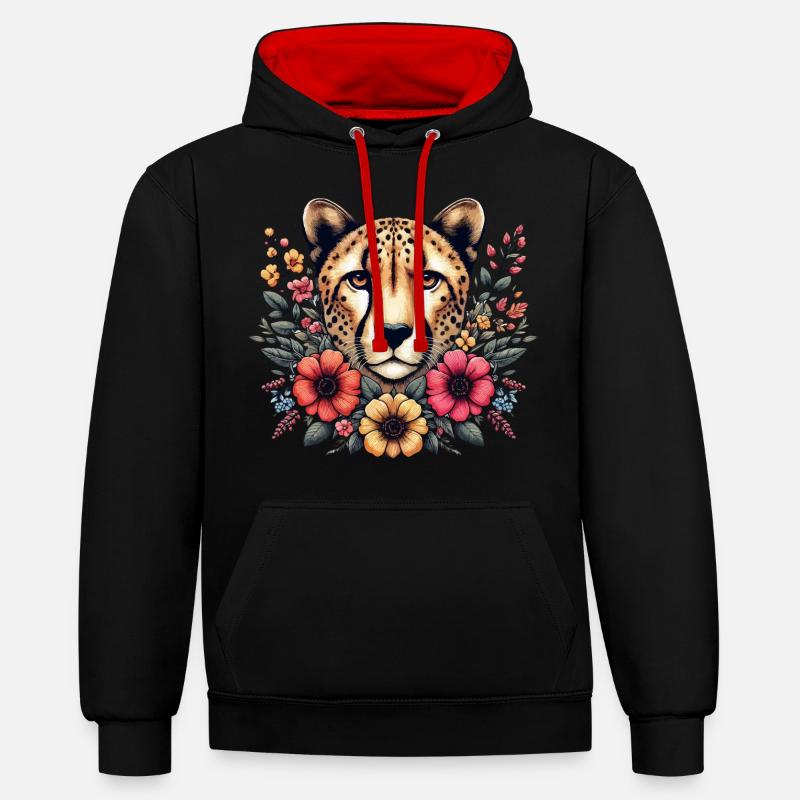 Guépard Fleurs de guépard - Sweat à capuche contrasté - noir/rouge