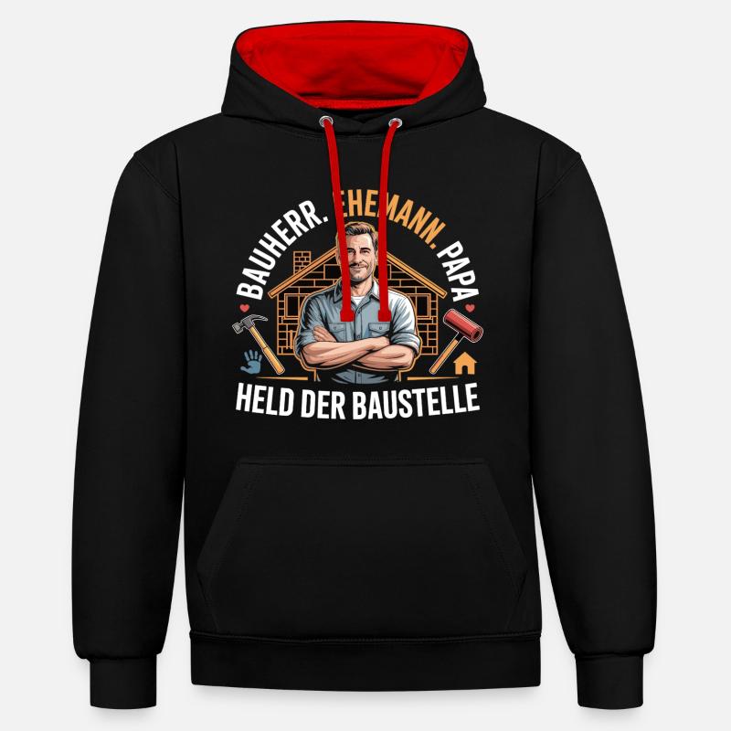 Held der Baustelle – Papa, Ehemann & Bauherr - Kontrast-Hoodie - Schwarz/Rot