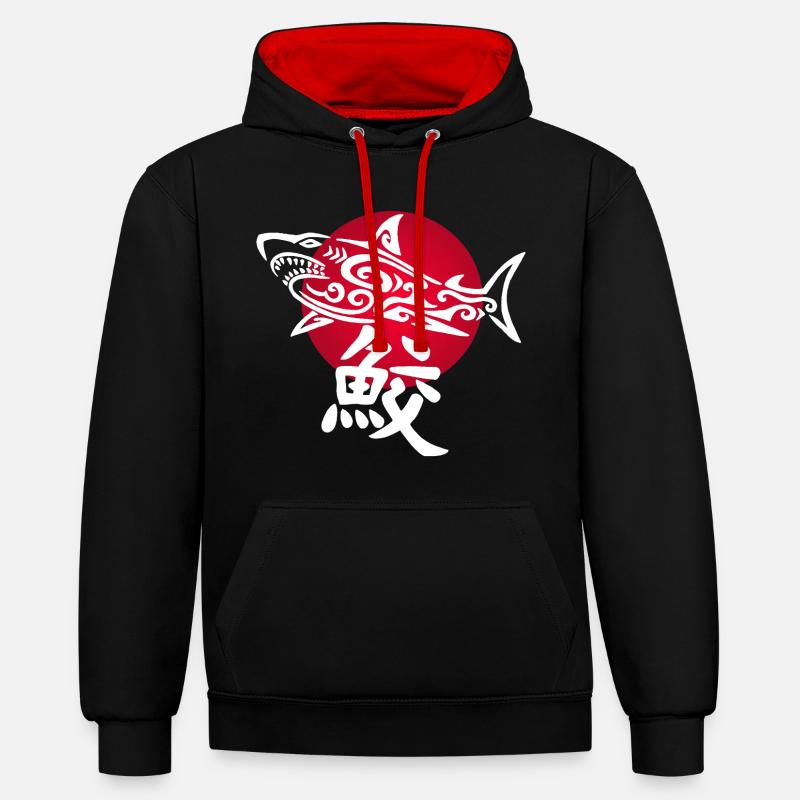 Requin blanc et soleil rouge - Sweat à capuche contrasté - noir/rouge
