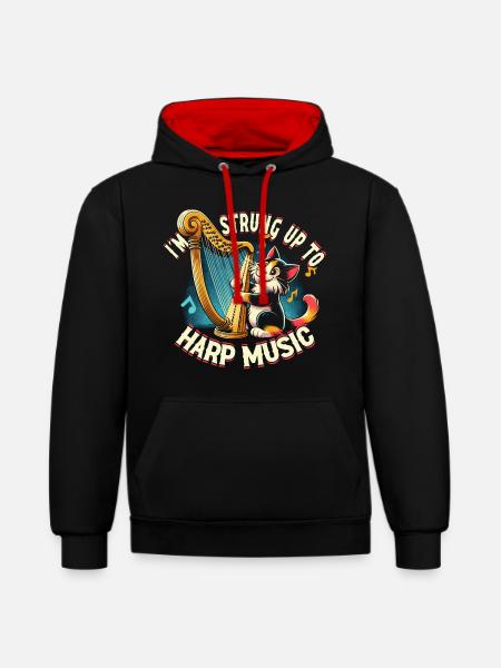 Harfe Katze Pun - Kontrast-Hoodie - Schwarz/Rot