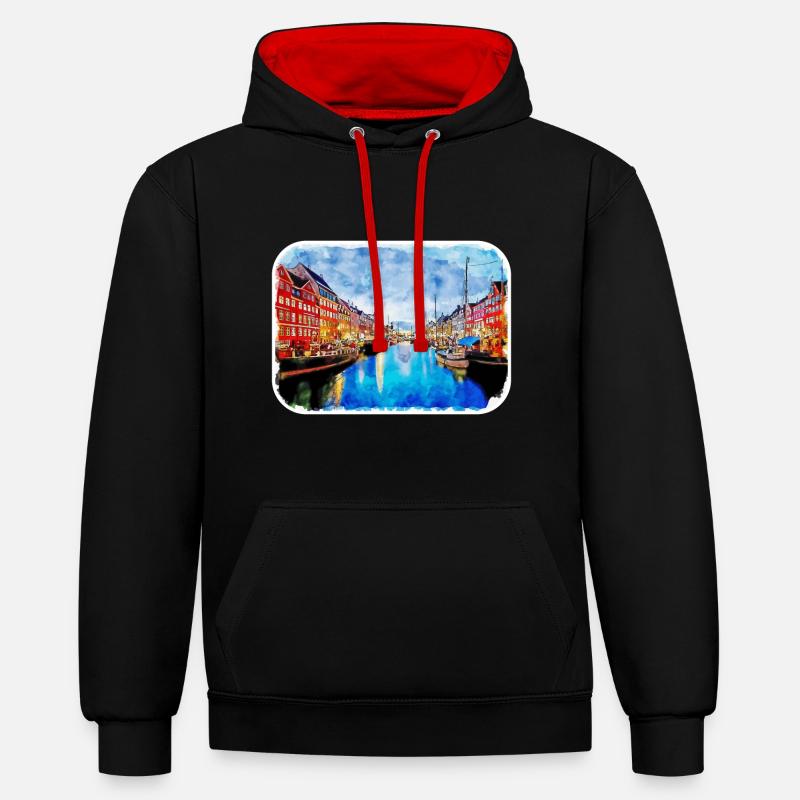 Copenhague Danemark Aquarelle Sketch Illustration - Sweat à capuche contrasté - noir/rouge