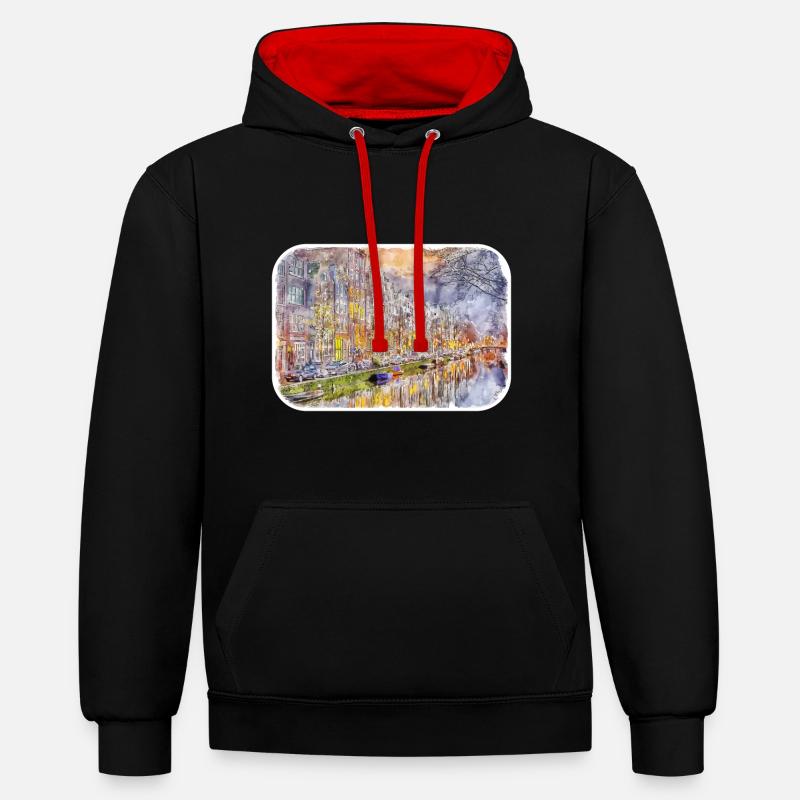Amsterdam Pays-Bas Aquarelle Dessin d’esquisse - Sweat à capuche contrasté - noir/rouge