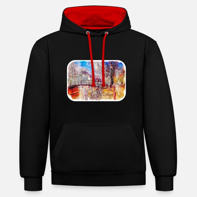 Amsterdam Pays-Bas Aquarelle Dessin d’esquisse - Sweat à capuche contrasté - noir/rouge