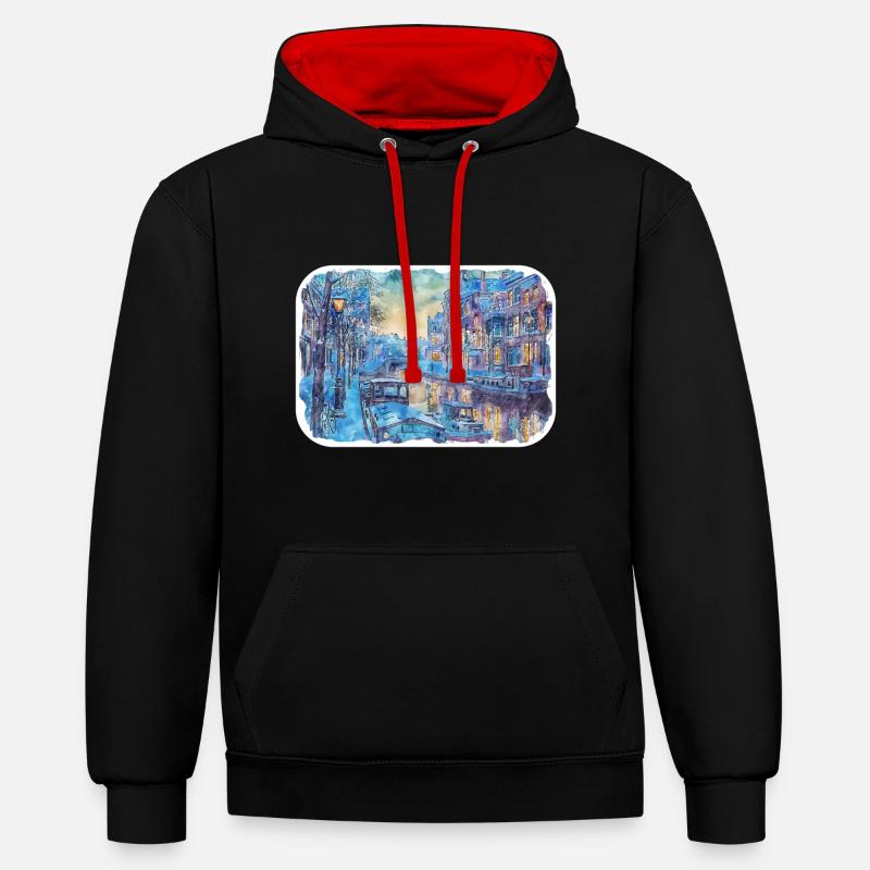 Amsterdam Pays-Bas Aquarelle Dessin d’esquisse - Sweat à capuche contrasté - noir/rouge